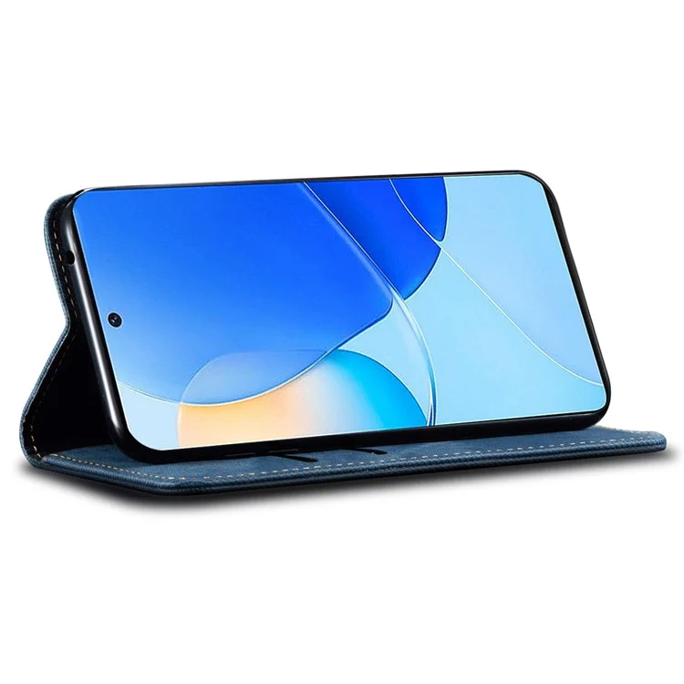 Para Huawei nova 9 SE Suporte Magnético Jeans Textura de Tecido Capa de Couro PU Carteira Flip Cover - Azul