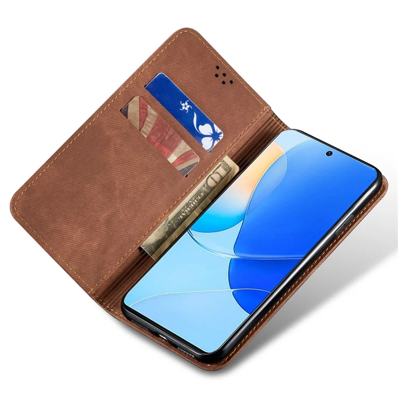 For Huawei nova 9 SE Magnetic Suction Jeans Cloth Texture Folio Case PU Leather Stand Wallet Flip Cover - Coffee