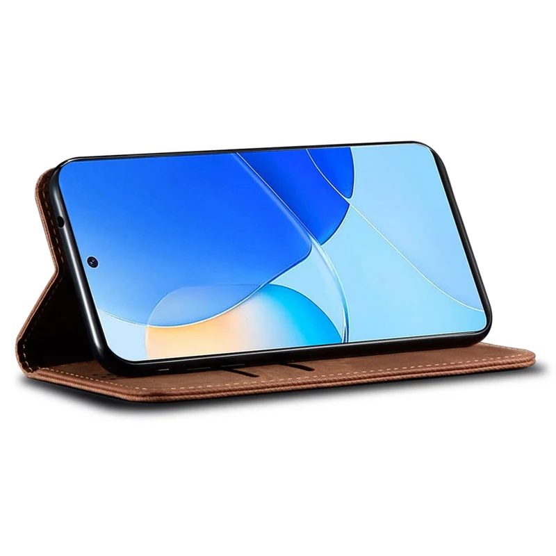 For Huawei nova 9 SE Magnetic Suction Jeans Cloth Texture Folio Case PU Leather Stand Wallet Flip Cover - Coffee