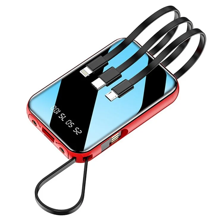 KAMRY K102 10000mAh Power Bank with Built-in Cables + LED Flashlight Portable Phone Battery Pack - Red