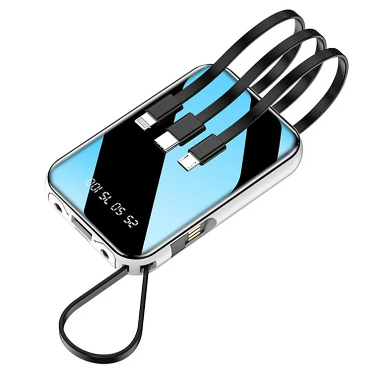 KAMRY K102 10000mAh Power Bank with Built-in Cables + LED Flashlight Portable Phone Battery Pack - White