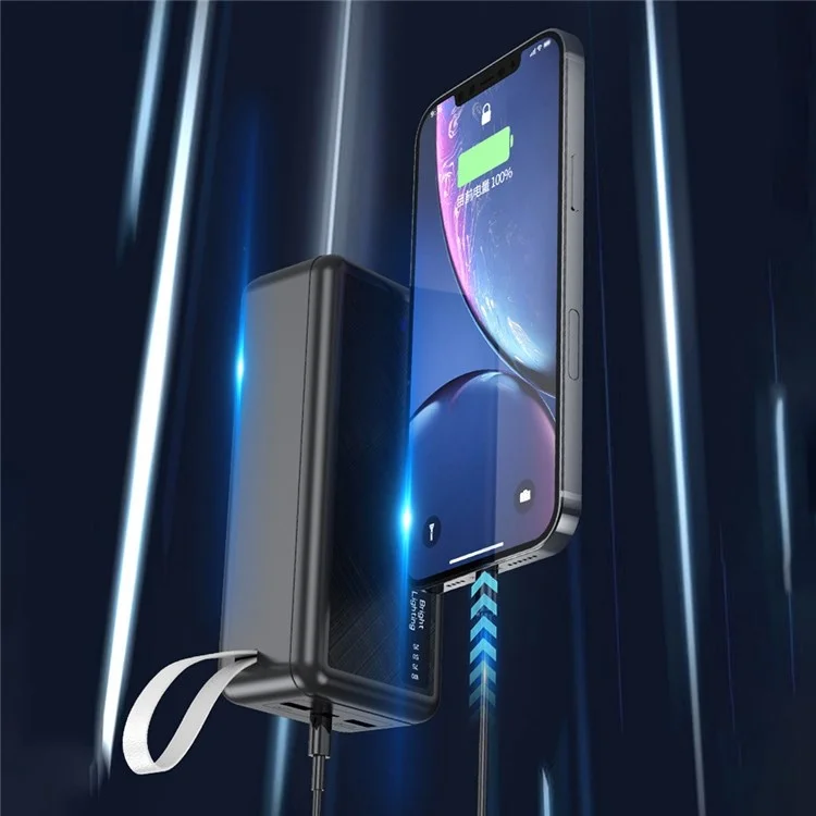 KAMRY A89 30000mAh Super Large Capacity Power Bank PD Charge 22.5W Built-in 3 Cables and LED Flashlight 10W Wireless Charger - Black