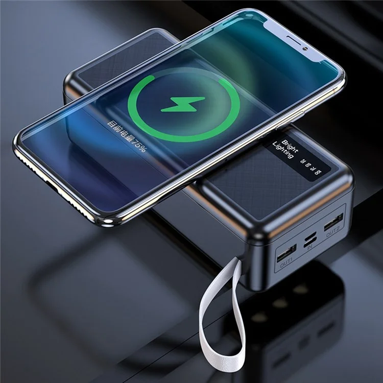 KAMRY A89 30000mAh Super Large Capacity Power Bank PD Charge 22.5W Built-in 3 Cables and LED Flashlight 10W Wireless Charger - Black