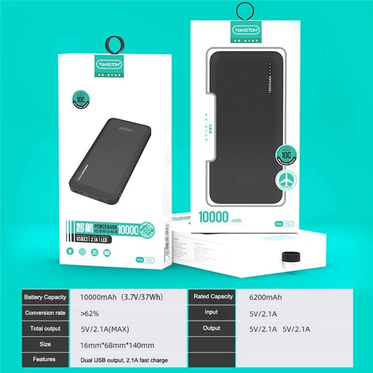 Tianston Y11 10000mAh Power Bank Phone Phone Портативное Зарядное Устройство С Двойными USB-разными Портами Светодиодный Индикатор Света Для Мобильных Телефонов / Планшетов / Ноутбуков