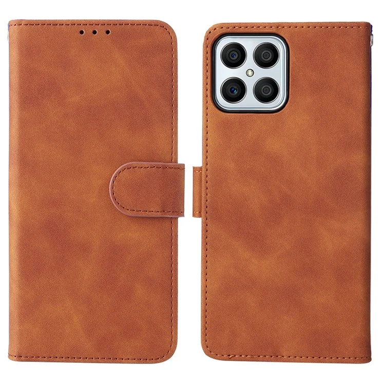 For Honor X8 Skin-touch Feeling Wallet Phone Case Flip Folio PU Leather Folding Stand Cover with Strap - Brown