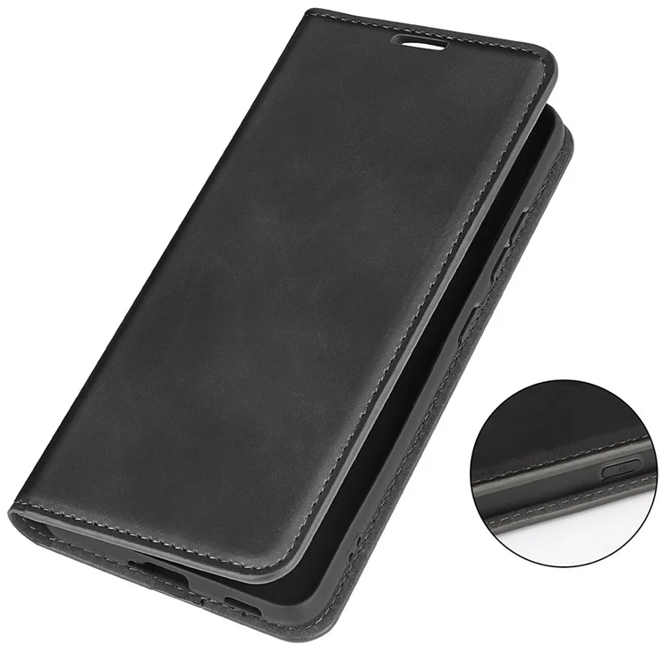 For Honor X8 4G Skin-touch Folio Flip Leather Cover Auto-absorbed Magnetic Phone Wallet Stand Case - Black