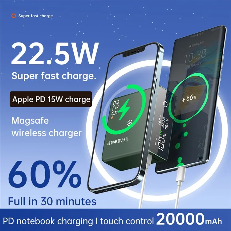 Q7 20000mAh Super Fast 22.5W PD 20W 15W Portable Charger Magnetic Wireless Power Bank CE Certificated Portable Phone Charger for Laptop PC and Cell Phone - Blue