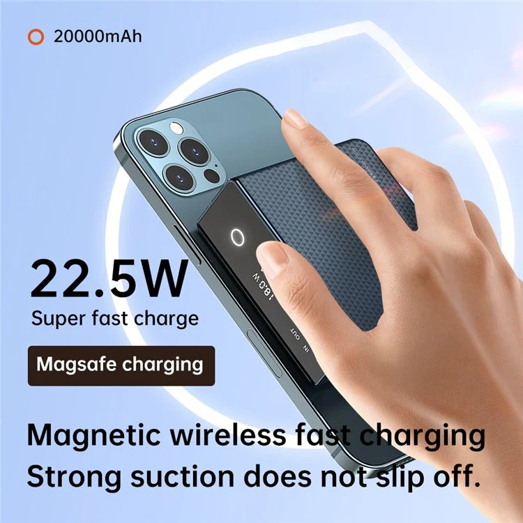 Q7 20000mAh Super Fast 22.5W PD 20W 15W Portable Charger Magnetic Wireless Power Bank CE Certificated Portable Phone Charger for Laptop PC and Cell Phone - Blue