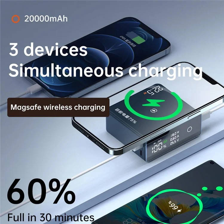 Q7 20000mAh Super Fast 22.5W PD 20W 15W Portable Charger Magnetic Wireless Power Bank CE Certificated Portable Phone Charger for Laptop PC and Cell Phone - White