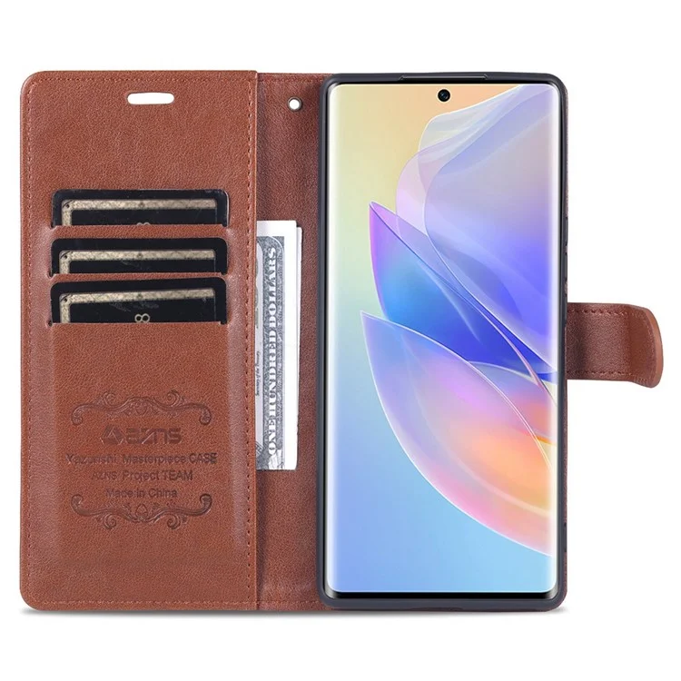 AZNS Texturant PU Leather Phone Case For Honor 60 SE Protection Flio Flip Couverture TPU TPU Discussion Stand Avec Portefeuille - Brun