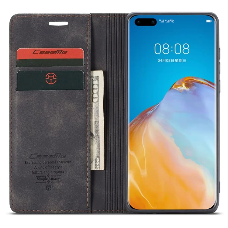 Caseme 013 Серия Для Huawei P40 Магнитный Автоматический Закрывающий PU Кожа + TPU Кошелек Стенд Телефон Чехол - Чернить