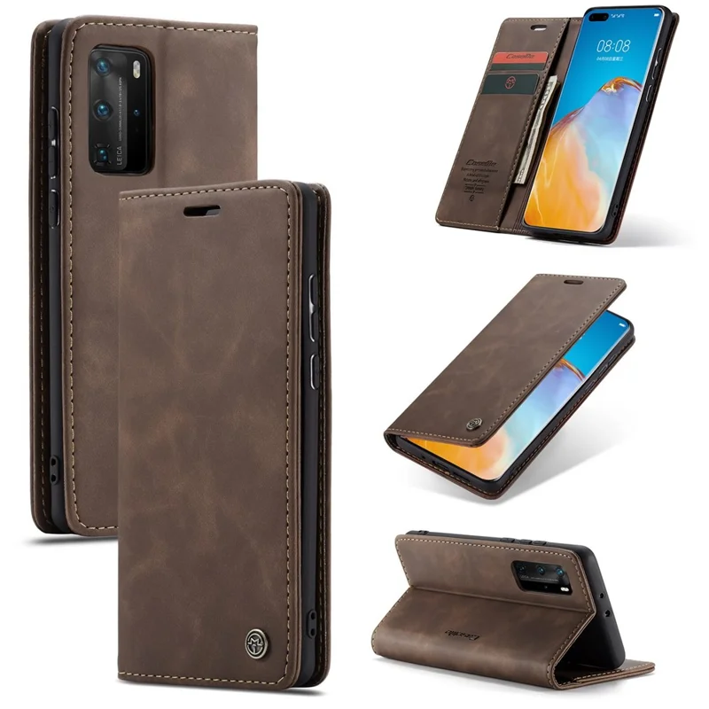 CASEME 013 Series for Huawei P40 Pro Foldable Stand PU Leather Cover Wallet Phone Case - Coffee