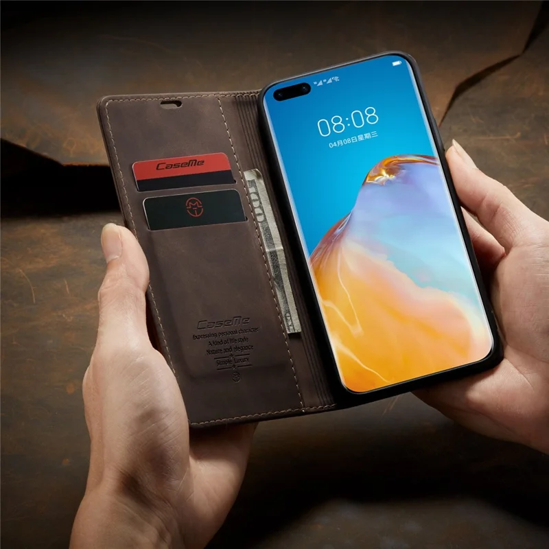 CASEME 013 Series for Huawei P40 Pro Foldable Stand PU Leather Cover Wallet Phone Case - Coffee