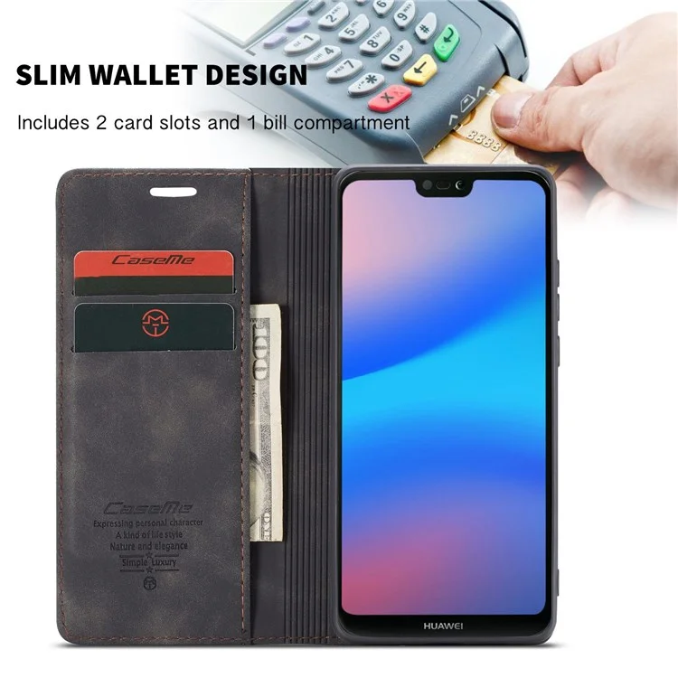 Caseme 013 Série Lightweight Mobile Case Bolsa Para Huawei P20 Lite (2018) / Nova 3e (China), Auto-absorvido PU Carteira De Couro Dobrável Suporte De Telefone - Preto