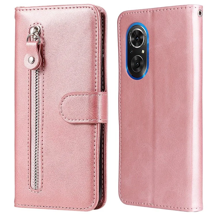 For Honor 50 SE/Huawei nova 9 SE PU Leather Zipper Pocket Wallet Phone Case Magnetic Closure Stand Carrying Pouch Cover - Rose Gold