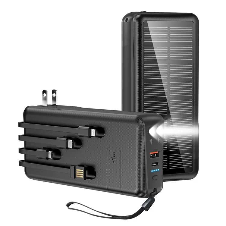 PSOOO PS-160 30000mAh PD 22.5W Dual-Sided Fast Charging External Battery 4-Cable Solar Charging Power Bank, US Plug - Black