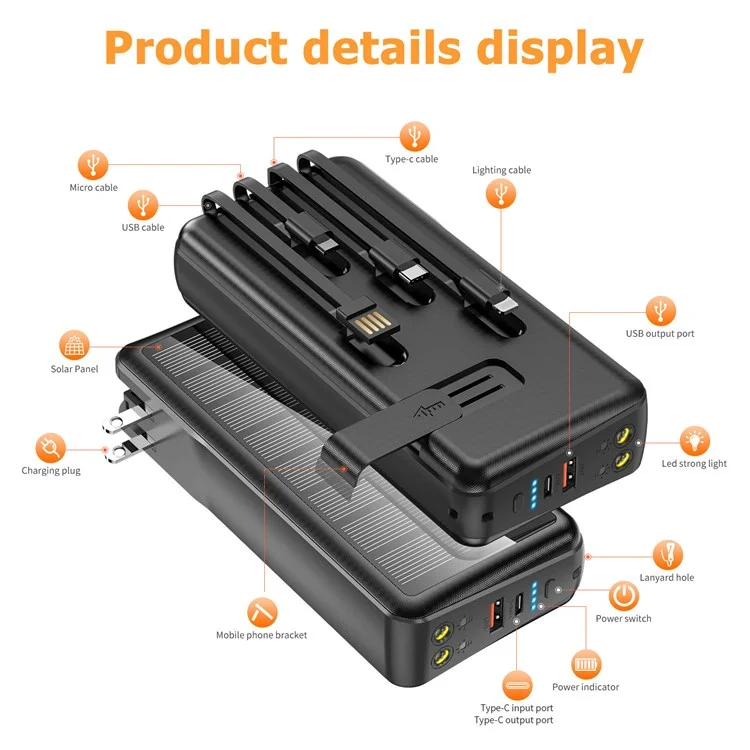 PSOOO PS-160 30000mAh PD 22.5W Dual-Sided Fast Charging External Battery 4-Cable Solar Charging Power Bank, US Plug - Black