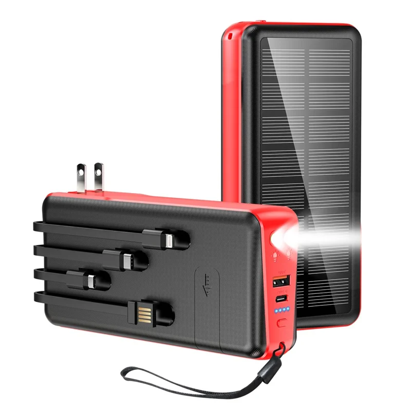 PSOOO PS-160 30000mAh PD 22.5W Dual-Sided Fast Charging External Battery 4-Cable Solar Charging Power Bank, US Plug - Red