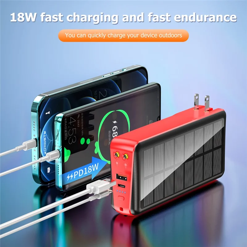 PSOOO PS-160 30000mAh PD 22.5W Dual-Sided Fast Charging External Battery 4-Cable Solar Charging Power Bank, US Plug - Red