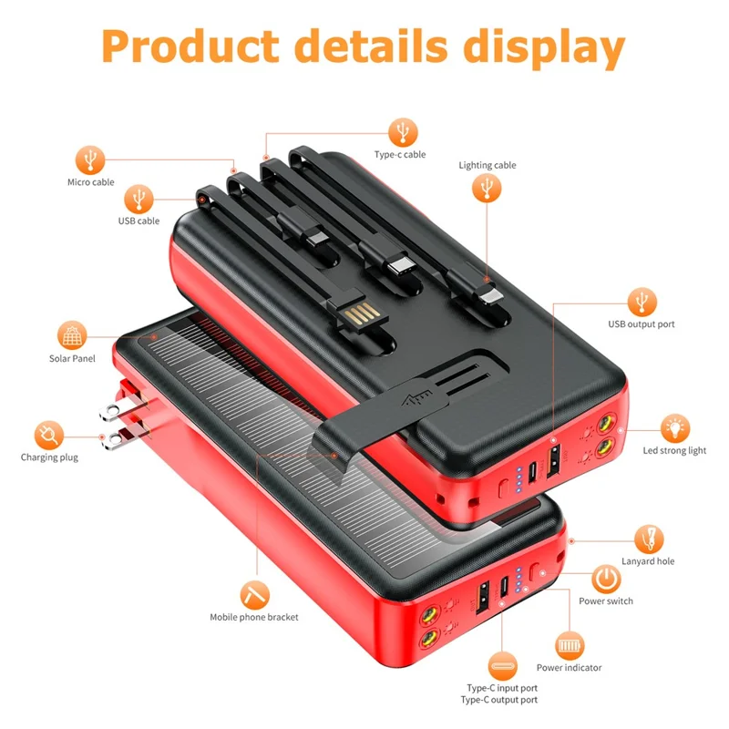 PSOOO PS-160 30000mAh PD 22.5W Dual-Sided Fast Charging External Battery 4-Cable Solar Charging Power Bank, US Plug - Red