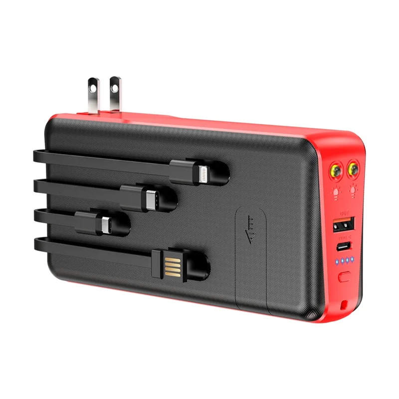 PSOOO PS-160 30000mAh PD 22.5W Dual-Sided Fast Charging External Battery 4-Cable Solar Charging Power Bank, US Plug - Red