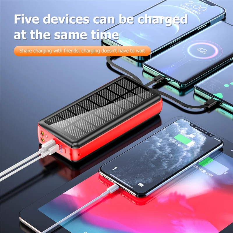 PSOOO PS-160 30000mAh PD 22.5W Dual-Sided Fast Charging External Battery 4-Cable Solar Charging Power Bank, US Plug - Red