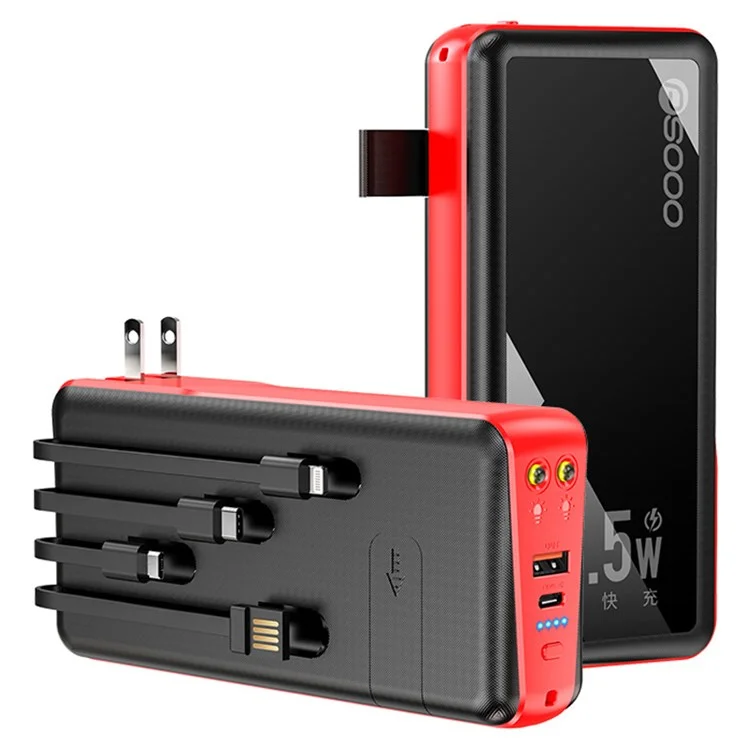 PSOOO PS-162 30000mAh PD 22.5W QC 3.0 Fast Charging External Battery with Built-in 4-Cable Power Bank LED Light Charger - Red