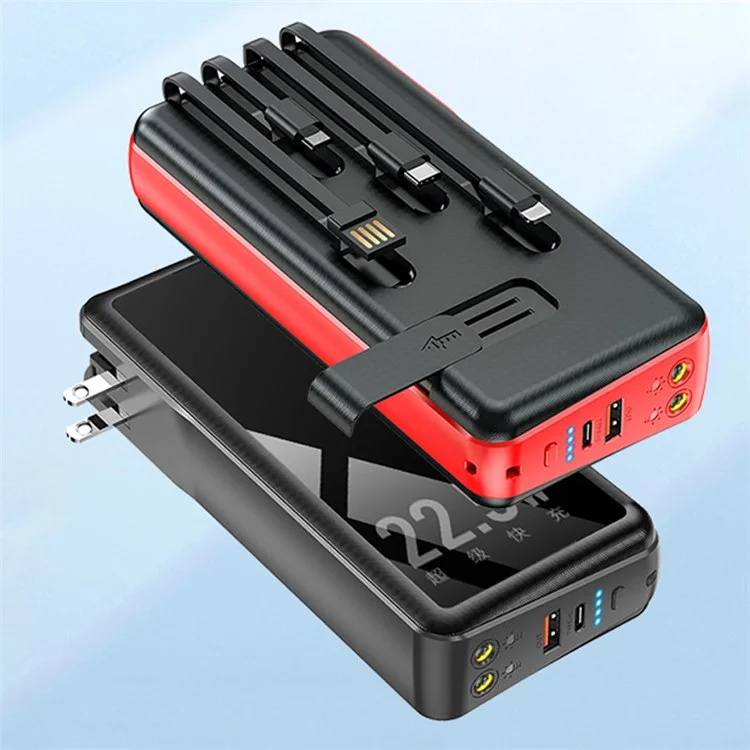 PSOOO PS-162 30000mAh PD 22.5W QC 3.0 Fast Charging External Battery with Built-in 4-Cable Power Bank LED Light Charger - Red