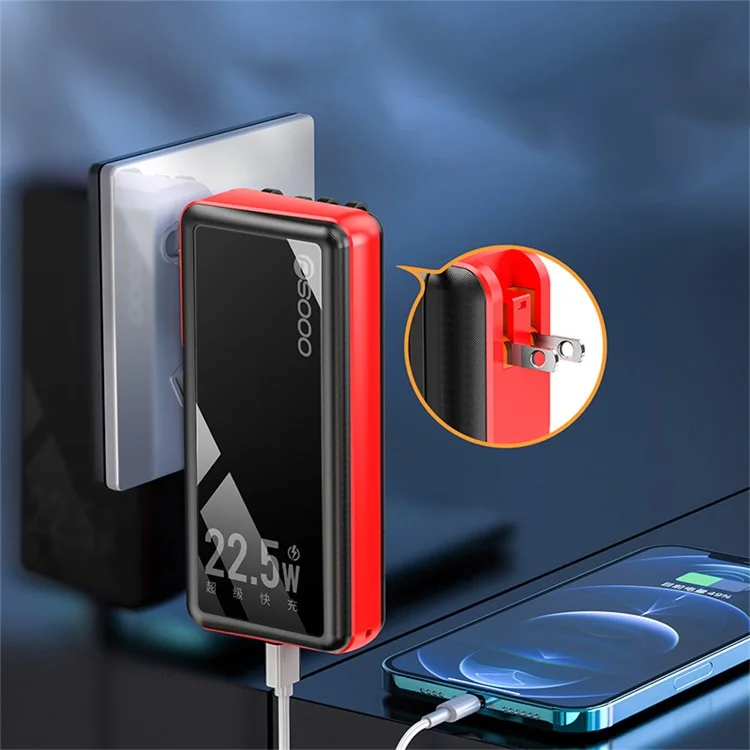 PSOOO PS-162 30000mAh PD 22.5W QC 3.0 Fast Charging External Battery with Built-in 4-Cable Power Bank LED Light Charger - Red