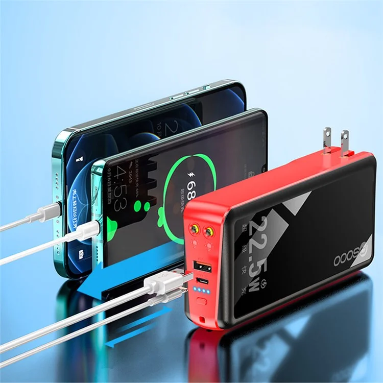 PSOOO PS-162 30000mAh PD 22.5W QC 3.0 Fast Charging External Battery with Built-in 4-Cable Power Bank LED Light Charger - Red