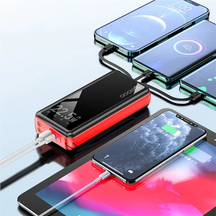 PSOOO PS-162 30000mAh PD 22.5W QC 3.0 Fast Charging External Battery with Built-in 4-Cable Power Bank LED Light Charger - Red
