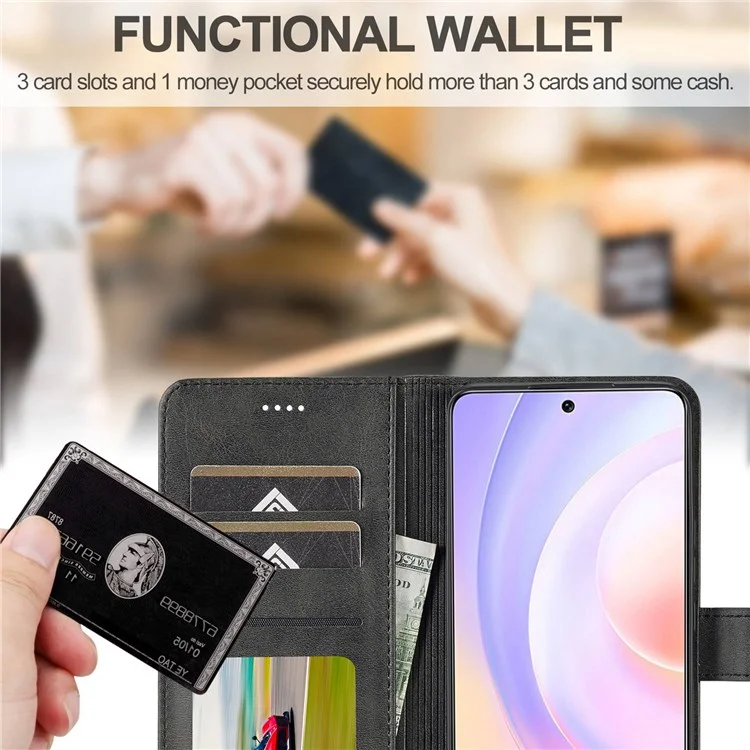 LC.IMEEKE Para Honor 50 SE Carteira de Couro PU Texturizado Capa Flip Ajustável Suporte para Telefone - Preto 