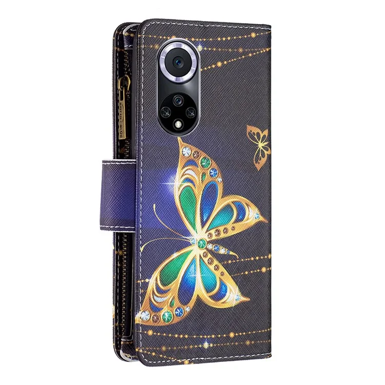 BF Padrão De Impressão De Couro Série-4 Para Honra 50 / Huawei Nova 9, 03 Padrão Impressão Carteira De Proteção Completa Zíper Bolso PU Couro De Couro Anti-fall - Borboleta De Jóias