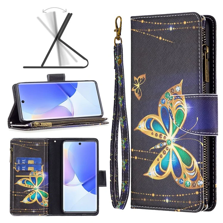 BF Padrão De Impressão De Couro Série-4 Para Honra 50 / Huawei Nova 9, 03 Padrão Impressão Carteira De Proteção Completa Zíper Bolso PU Couro De Couro Anti-fall - Borboleta De Jóias