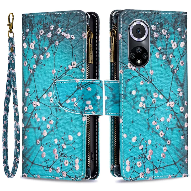 For Honor 50 / Huawei nova 9 Leather Case with Strap Pattern Printing Zipper Wallet Phone Stand Cover - Plum Blossom