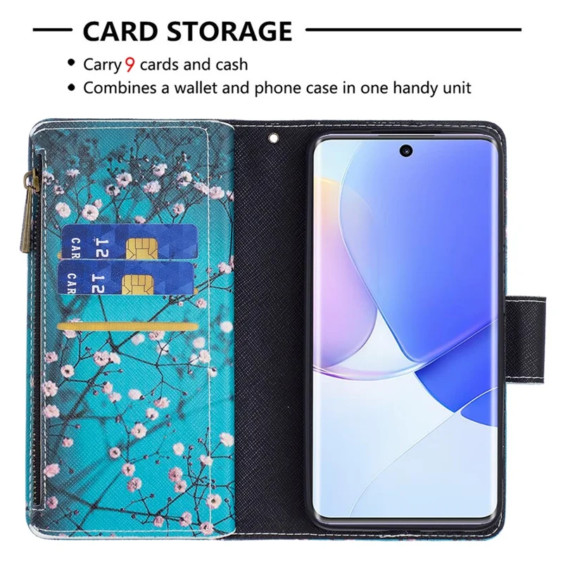 For Honor 50 / Huawei nova 9 Leather Case with Strap Pattern Printing Zipper Wallet Phone Stand Cover - Plum Blossom
