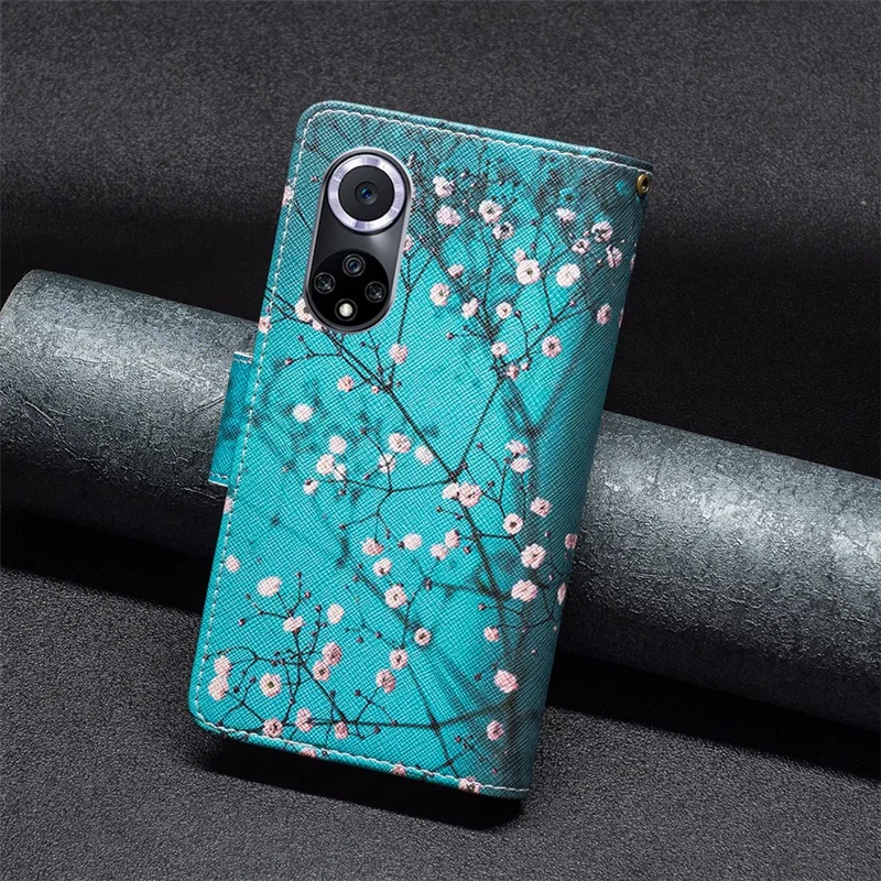 For Honor 50 / Huawei nova 9 Leather Case with Strap Pattern Printing Zipper Wallet Phone Stand Cover - Plum Blossom