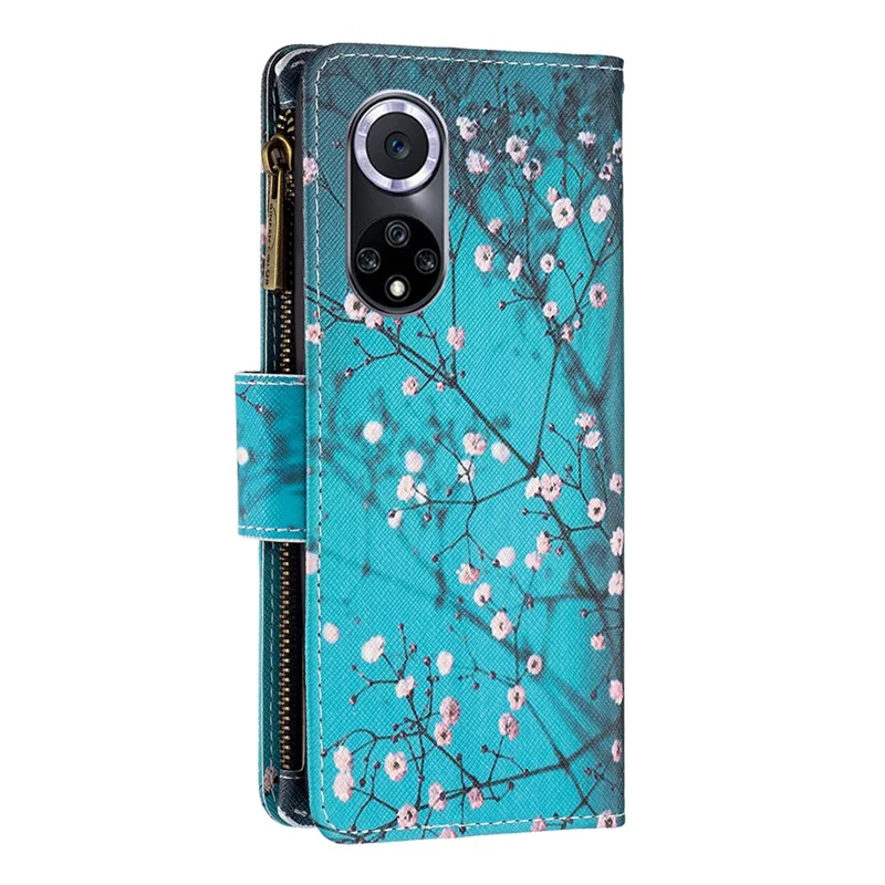 For Honor 50 / Huawei nova 9 Leather Case with Strap Pattern Printing Zipper Wallet Phone Stand Cover - Plum Blossom