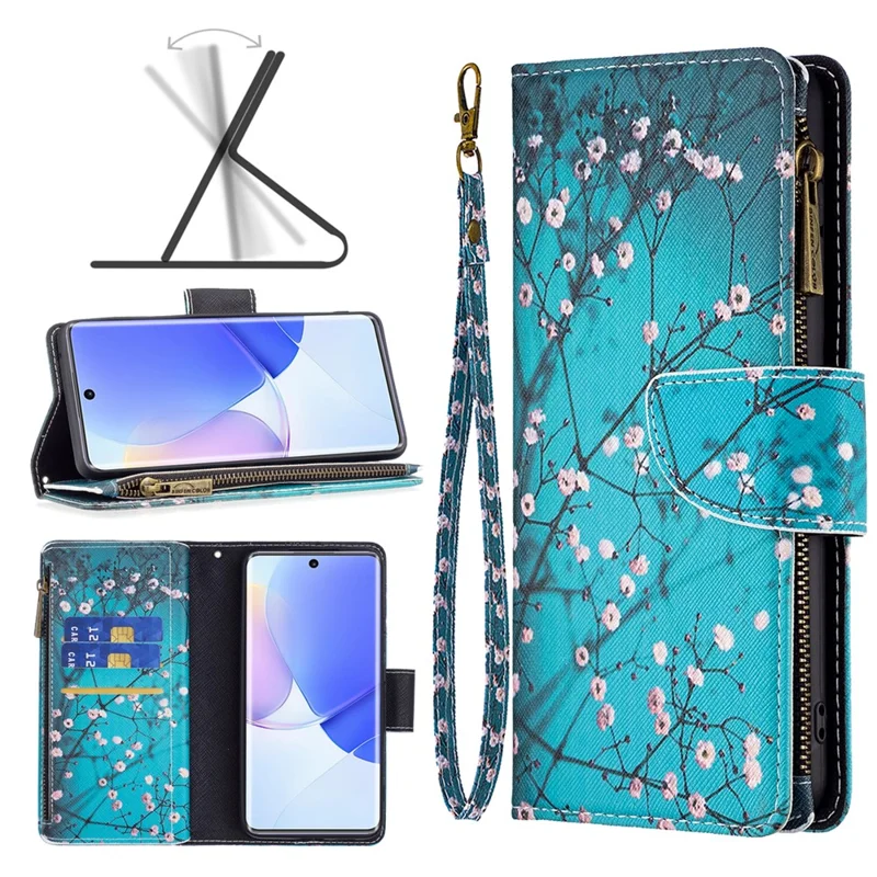 For Honor 50 / Huawei nova 9 Leather Case with Strap Pattern Printing Zipper Wallet Phone Stand Cover - Plum Blossom