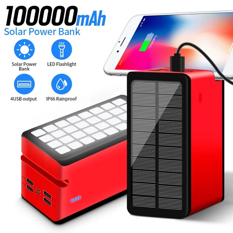 PSOOO 100000mAh Batterie Externe de Banque D'énergie Solaire Extérieure Portable Batterie Externe Avec Lumière LED