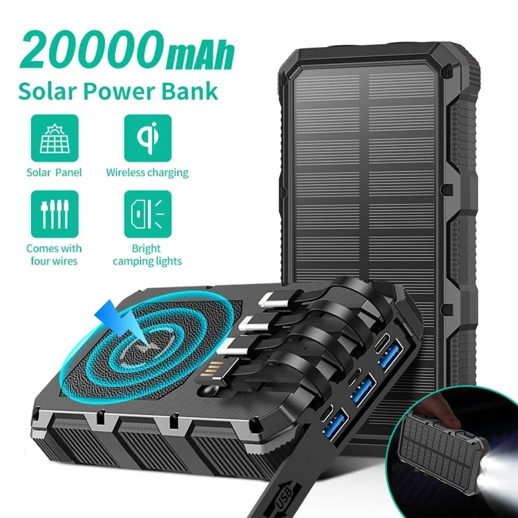 PSOOO M2 20000mAh 7-Output + 3-Input Solar Charging Phone External Battery Built-in 4-Cable Wireless Charging Power Bank with LED Flashlight - Black