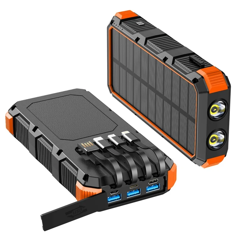 PSOOO M2 20000mAh 8-Output + 4-Input Solar Charging Phone External Battery Built-in 4-Cable Wireless Charging Power Bank with LED Flashlight - Orange