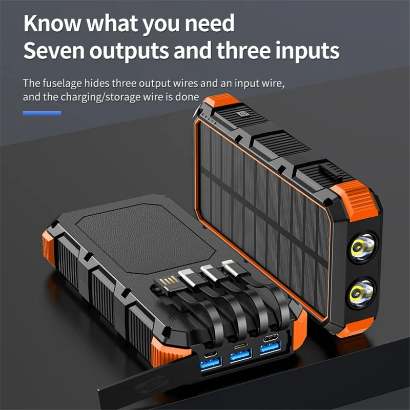 PSOOO M2 20000mAh 8-Output + 4-Input Solar Charging Phone External Battery Built-in 4-Cable Wireless Charging Power Bank with LED Flashlight - Orange