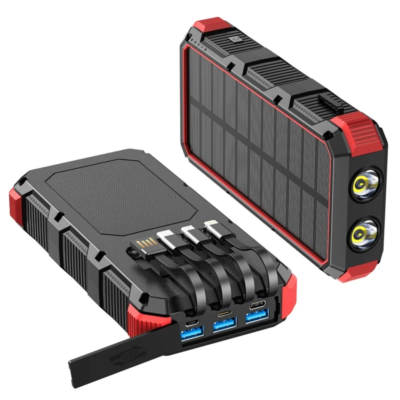 PSOOO M2 20000mAh 8-Output + 4-Input Solar Charging Phone External Battery Built-in 4-Cable Wireless Charging Power Bank with LED Flashlight - Red