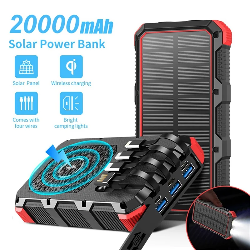 PSOOO M2 20000mAh 8-Output + 4-Input Solar Charging Phone External Battery Built-in 4-Cable Wireless Charging Power Bank with LED Flashlight - Red
