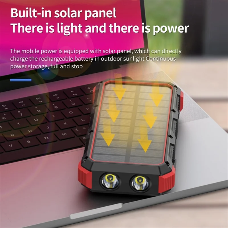 PSOOO M2 20000mAh 8-Output + 4-Input Solar Charging Phone External Battery Built-in 4-Cable Wireless Charging Power Bank with LED Flashlight - Red