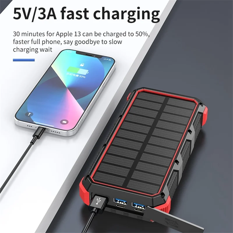 PSOOO M2 20000mAh 8-Output + 4-Input Solar Charging Phone External Battery Built-in 4-Cable Wireless Charging Power Bank with LED Flashlight - Red
