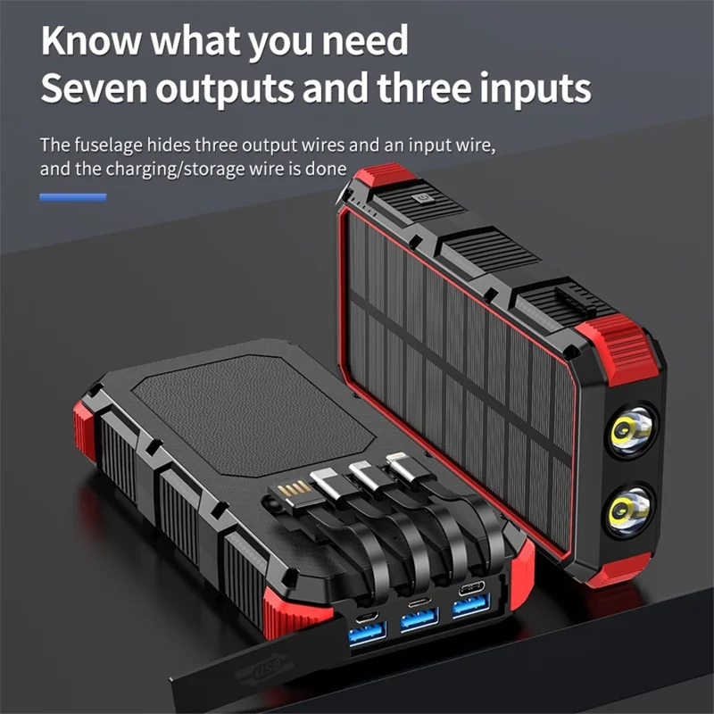 PSOOO M2 20000mAh 8-Output + 4-Input Solar Charging Phone External Battery Built-in 4-Cable Wireless Charging Power Bank with LED Flashlight - Red