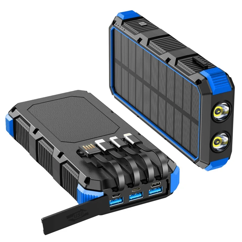 PSOOO M2 20000mAh 8-Output + 4-Input Solar Charging Phone External Battery Built-in 4-Cable Wireless Charging Power Bank with LED Flashlight - Blue