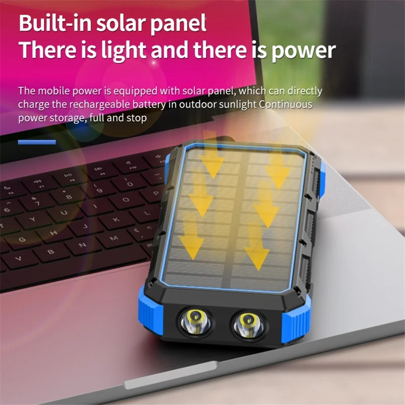 PSOOO M2 20000mAh 8-Output + 4-Input Solar Charging Phone External Battery Built-in 4-Cable Wireless Charging Power Bank with LED Flashlight - Blue
